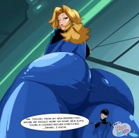 drawing giantess mega blonde color butt blue_eyes brunette costume point_of_view fantastic_four dialogue looking_behind thick_thighs looking_at_tiny invisible_woman marvel_comics mr_fantastic slugmanoctavio3 susan_storm
