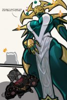 breasts drawing giantess blushing mega comic color large_breasts blue_eyes claws cleavage goddess gloves dress crown blue_skin looming mask costume necklace dialogue helmet thor thick_thighs no_background looking_at_tiny bare_legs marvel_comics cutaway black_panther hela peterchai58 marvel_rivals