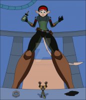 breasts drawing furry tail alien black_hair color large_breasts robot brown_eyes gloves boots shrunken_man pants thighs indoors lombax point_of_view stripes belt headband shrinking_device looking_at_tiny pointed_ears ratchet nightcore100 ratchet_and_clank clank bolt tawlyn_apogee
