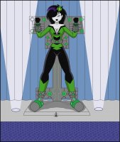 breasts drawing giantess mega black_hair color large_breasts long_hair cleavage angry purple_eyes parody chained costume prisoner king_kong crowds stage white_skin dc_comics shrinking_violet nightcore100 legion_of_superheroes flower_in_hair hair_streak