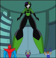 breasts drawing giantess alien black_hair color long_hair brunette gloves boots parody unaware shrunken_man thighs indoors point_of_view green_skin dc_comics orange_skin antennae shrinking_violet nightcore100 legion_of_superheroes flower_in_hair hair_streak brainiac_5 chameleon_boy colossal_boy
