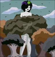 breasts drawing growth giantess nude mega black_hair color cleavage purple_eyes parody forest birds alice_in_wonderland trees white_skin dc_comics convenient_censorship shrinking_violet nightcore100 legion_of_superheroes flower_in_hair hair_streak