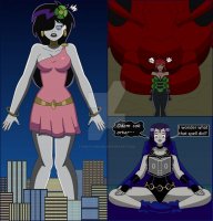 breasts drawing giantess giga city mega comic black_hair color large_breasts long_hair cleavage buildings purple_hair purple_eyes giganta raven teen_titans gloves red_hair dress short_hair surprised shrunken_woman role_reversal ant magic night thighs cape swap earrings belt book bracelet dialogue stars hood white_skin dc_comics bare_legs grey_skin shrinking_violet nightcore100 legion_of_superheroes flower_in_hair hair_streak