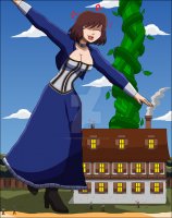drawing giantess mega color large_breasts cleavage skirt high_heels buildings shoes brunette dress short_hair boots forest dancing smoke corset jacket choker closed_eyes trees beanstalk musical_instruments elizabeth bioshock_infinite bioshock piano elizabeth_comstock nightcore100