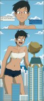 breasts drawing growth giantess city mega comic black_hair color cleavage buildings brown_eyes asian short_hair shorts superman lois_lane cape top ripped_clothing dialogue reporter looking_at_tiny dc_comics bare_legs daily_planet nightcore100 bare_midriff my_adventures_with_superman