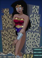 breasts drawing giantess giga mega black_hair color large_breasts long_hair armor destruction blue_eyes cleavage boots skyscraper night thighs costume superman wonder_woman earrings leotard bracelet dust tiara between_buildings green_lantern flash dc_comics bare_legs nightcore100