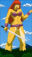 breasts drawing growth giantess mega alien color long_hair sword cleavage green_eyes surprised jungle mountains clouds thighs towering birds earrings trees belt bracelet orange_hair dc_comics orange_skin loincloth bare_legs nightcore100 yellow_skin bare_midriff laethwen