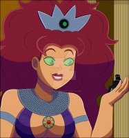 breasts drawing alien black_hair color large_breasts long_hair armor handheld cleavage green_eyes smiling teen_titans red_hair starfire crown shrunken_man costume tiara looking_at_tiny dc_comics orange_skin on_palm nightwing nightcore100