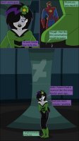 breasts drawing giantess alien comic black_hair color long_hair giant cleavage brunette multiple_sizes gloves boots parody shrunken_woman shrunken_man thighs indoors rings closed_eyes dialogue green_skin looking_at_tiny dc_comics orange_skin antennae shrinking_violet nightcore100 legion_of_superheroes flower_in_hair hair_streak brainiac_5 chameleon_boy colossal_boy