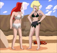 breasts drawing giantess mega blonde color large_breasts long_hair toes barefoot cleavage bra skirt angry desert red_hair short_hair parody mountains giantesses jessica_rabbit vehicles fist top ripped_clothing hands_on_hips attack_of_the_60ft_centerfold bare_legs nightcore100 bare_midriff holli_would cool_world