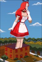 breasts drawing growth giantess mega color long_hair cleavage buildings outgrowing_building gloves red_hair dress watch parody forest jessica_rabbit choker alice_in_wonderland hair_bow trees fence running_away white_rabbit debris looking_at_tiny bare_legs nightcore100 roger_rabbit alice