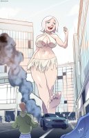 breasts drawing growth giantess white_hair city color large_breasts destruction blue_eyes toes barefoot rampage cleavage buildings susan jeans smiling ginormica short_hair muscles cosplay vehicles thighs monsters_vs_aliens giantessfan ripped_clothing running_away attack_of_the_60ft_centerfold imminent_crush bare_legs susan_murphy dreamworks bare_midriff