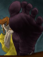 drawing feet blue_eyes toes socks foot_crush shrunken_person earrings ace_attorney orange_hair no_background looking_at_tiny anon athena_cykes rammzi9 frisart