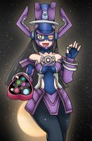 breasts drawing giantess vore blushing giga space black_hair color long_hair armor planet moon gloves sun thighs costume galacta imminent_vore helmet winking dinobirdofdoom pinched cosmic_giantess marvel_comics candy_box