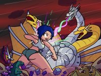 breasts drawing giantess giga wings mega color large_breasts butt robot destruction claws barefoot cleavage buildings blue_hair brown_eyes yellow_eyes godzilla short_hair shorts fighting thighs fist top ripped_clothing reporter lasers kaiju dog_tags bare_legs mothra bare_midriff rodan king_ghidorah megamaliit connie_matsu mecha_king_ghidorah