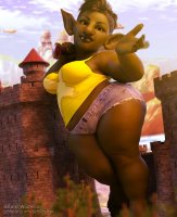 breasts giantess mega sword fantasy toes barefoot castle yellow_eyes green_hair short_hair shorts fangs thighs leaning_against_building looking_at_viewer jetslasher goblin thick_thighs green_skin pointed_ears digital_render jeanshorts bare_legs bare_midriff