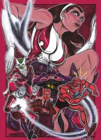 breasts drawing giantess chief mega color large_breasts long_hair blue_eyes brunette gloves red_hair boots kneeling muscles beast_boy abs tie suit mask costume outgrowing_space doom_patrol earrings belt hairband helmet green_skin dc_comics bare_legs robotman negative_man mento elasti_girl rita_farr