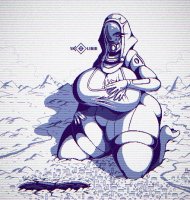 breasts drawing giantess giga city mega alien monochrome destruction buildings huge_breasts kneeling tali mountains mask river thighs jumpsuit hood helmet thick_thighs mass_effect talizorah quarian skollerin breast_print