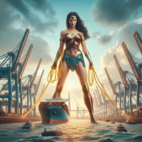 giantess wonder_woman harbor lasso ai_art ships torgue11 black_hair long_hair armor boots tiara dc_comics