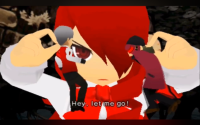 giantess red_hair unknown_artist dangle dialogue source_needed pinched looking_at_tiny digital_render