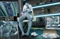 breasts nipples insertion micro nude pussy masturbation alien comic large_breasts toes barefoot blood sitting foot_crush blue_skin shrunken_people finger_crush chair pointing bracelet digital_render mass_effect asari looking_at_tinies psyshack3d