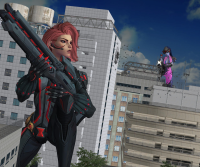 giantess breasts city mega destruction crossover cleavage gun buildings green_eyes purple_hair red_hair kneeling fighting giantesses thighs costume belt jumpsuit purple_skin debris black_widow digital_render marvel_comics overwatch widowmaker sniper_rifle earpiece marvel_rivals