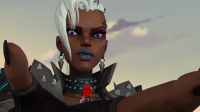 giantess white_hair mega blue_eyes handheld punk goddess gloves storm shrunken_man dark_skin choker cape earrings x-men hammer helmet thor looking_at_tiny spikes digital_render on_palm notacheapmagician