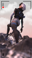 giantess white_hair mega black_hair butt brown_eyes gloves asian boots shorts camera mountains jacket costume looking_behind marvel_comics luna_snow camera_view marvel_rivals