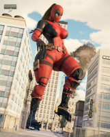 giantess breasts city mega large_breasts destruction buildings brunette gloves street ponytail boots foot_crush mask thighs costume belt x-men police_cars digital_render marvel_comics wotm8h8 lady_deadpool