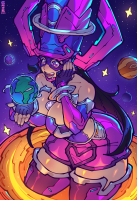 giantess drawing earth giga space black_hair color large_breasts long_hair butt armor planet cleavage skirt saliva purple_eyes moon gloves boots portal thighs galacta stars helmet cosmic_giantess bare_legs marvel_comics between_breasts marvel_rivals