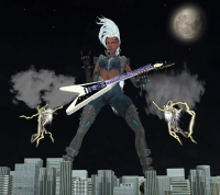 giantess breasts white_hair city mega buildings punk moon gloves storm pants dark_skin night guitar mohawk tattoo costume earrings lightning bracelet x-men zipper spikes marvel_comics bare_midriff electric_guitar marvel_rivals