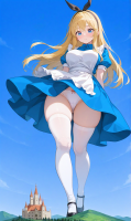 giantess size_difference large_breasts blue_eyes skirt castle looking_down white_panties alice_in_wonderland thick_thighs alice ai_art white_apron black_hairband giga blonde dress yuegts ambiguously_alice