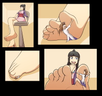 giantess feet toes shrunken_woman under_foot ace_attorney jj-psychotic ema_skye maya_fey drawing comic black_hair color large_breasts barefoot brunette foot_crush sunglasses necklace legs_crossed on_toe looking_at_tiny bare_legs
