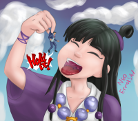 drawing giantess vore black_hair saliva ace_attorney dialogue steam maya_fey neoermot color open_mouth suit dangle closed_eyes necklace