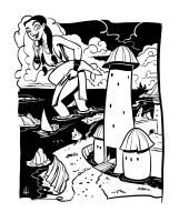 hvhoot breasts drawing giantess mega monochrome whale long_hair ocean buildings castle boats clouds bracelet cliff loincloth bare_legs ship hunting thighs