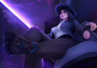 breasts drawing giantess black_hair color shrunken_woman costume stuck_to_foot top_hat zatanna atomica ondieony blue_eyes brunette gloves boots sitting fishnets mask chair indoors jacket shirt point_of_view belt legs_crossed looking_at_tiny dc_comics