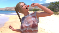 ponytail mountains trees red_lipstick taintedwizard gentle blonde beach shrunken_man lollipop mouth_play digital_render large_breast