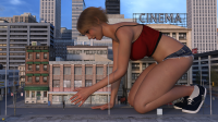 giantess city reaching digital_render street skyscrapers taintedwizard tiny_man blue_sky daisy_duke_shorts tank_top