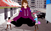 cars skyscrapers truck fist_fight high_noon giantess glasses mini_giantess parking_lot koikatsu spar