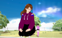 giantess glasses mini_giantess field fence koikatsu brown_hair blue_sky