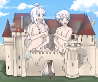 giantess breasts drawing white_hair mega color long_hair destruction blue_eyes cleavage castle short_hair kneeling giantesses covering_breasts greenmatcha brandis