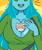 breasts drawing blushing color large_breasts long_hair cleavage green_eyes blue_hair smiling blue_skin adventure_time canyon looking_at_tiny finn_the_human between_breasts cartoon_network giantess