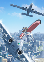 giantess city giant brown_eyes battleship idolmaster hair_bow bomber holding_ship the_idolmaster_cinderella_girls blue_dress white_apron brown_hair blue_sky arisu_tachibana back_bow