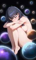 breasts ai_art growth giantess nude size_difference space black_hair blue_eyes universe thighs sad fetal_position galaxies cosmic_giantess ssss_gridman rikka_takarada multiverse medium_breasts infinite_growth yuegts