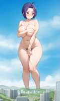 nude yuegts giantess giga size_difference city large_breasts pubic_hair red_eyes blue_hair short_hair nervous idolmaster covering_breasts ai_art covering_privates averting_eyes azusa_miura