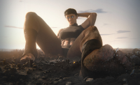 giantess feet giga city destruction short_hair muscles airplane abs kat sports_bra glowing_eyes halo_(game) muscular breasts black_hair toes sitting digital_render