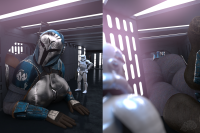 breasts giantess butt armor star_wars stuck helmet stormtrooper bo_katan mandalorian comic large_breasts gloves boots crawling pants indoors digital_render