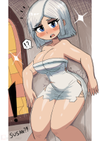 destruction blue_eyes cleavage short_hair wedding_dress monsters_vs_aliens ripped_clothing dialogue thick_thighs dreamworks breasts drawing growth giantess white_hair color ginormica dress bride church bare_legs susan_murphy tonywelt