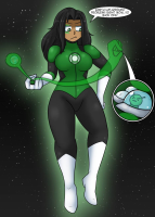 breasts giantess earth giga alien space spaceship costume green_lantern dinobirdofdoom dc_comics cmwaters jessica_cruz drawing black_hair color dark_skin thighs tattoo ring latina dialogue stars pinched looking_at_tiny cosmic_giantess cutaway