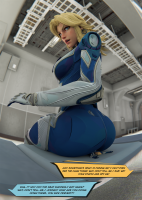 blonde blue_eyes gloves sitting indoors earrings dialogue looking_behind breasts butt_crush shrunken_man costume fantastic_four digital_render invisible_woman marvel_comics human_torch dawger2 marvel_rivals